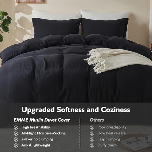 Image of EMME Muslin Cotton Duvet Cover Set Black Queen Size Linen Like Soft Breathable Lightweight Summer Comforter Cover Set with Zipper Closure (Black, Queen, 90 inchx90 inch)
