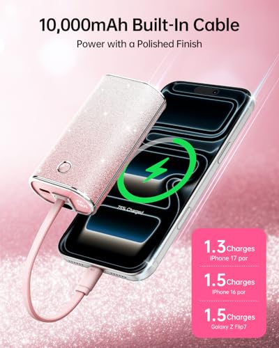 Image of iWALK Sparkly 10000mAh Portable Charger, 22.5W Fast Charging Small Power Bank with Built-in USB-C Cable, Diamond Glitter Ultra-Compact Battery for iPhone 17 /17 Pro /16 /16 Pro /15, Samsung,ShinyPink