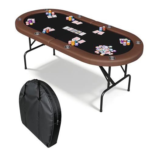 Garvee 8 Player Oval Poker Table Foldable, 72" Poker Game Tables with Storage Bag, Collapsible Legs, Padded Rails & Cup Holders, Portable Folding Game