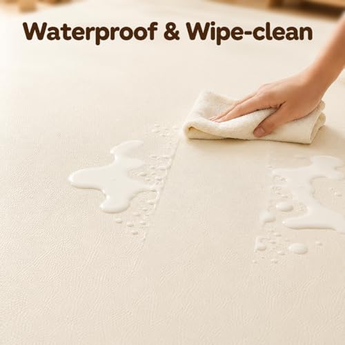 Image of Vegan Leather Baby Play Mat, 79x59 Thick Cushioned Waterproof Playpen Mat, Stylish Removable Cover Floor Mat for Babies & Toddlers, Soft Padded Play Mat for Safe Crawling, 1.2 inch Thick, Cream