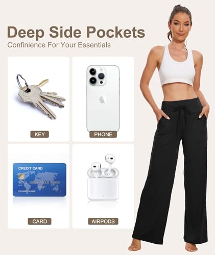 TNNZEET 3 Pack Women's Wide Leg Pants with Pockets - Casual Loose Yoga Trouser Pants Sweatpants Palazzo Lounge Pajama Pants
