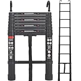 Exleiter Aluminum Telescoping Ladder, 2.6M/8.5FT Portable Extension Ladder with 2 Detachable Hooks Extendable Folding Anti-Slip Loft Ladder with Certificate EN 131, Black