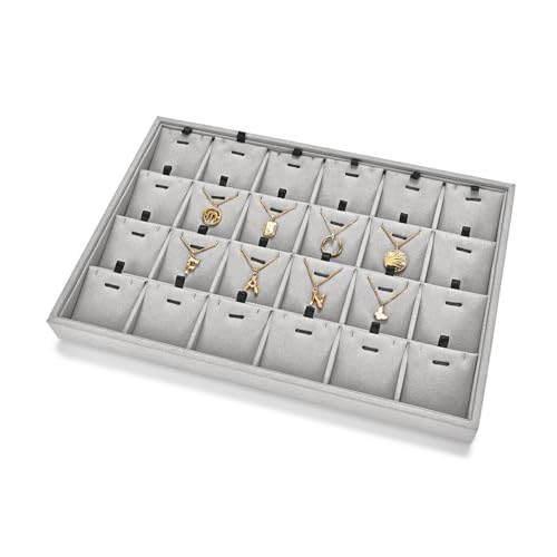 24 Grids Necklace Tray Jewelry Display Tray Necklace Holder Organizer for Drawers With Removable Jewelery Cards Pendant Bracelet Storage Holder (Grey