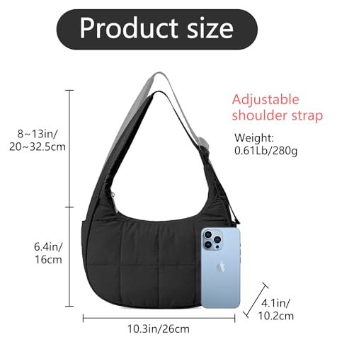 Small Puffer Bag, Crescent Shoulder Bag for Women,Nylon Quilted Tote Handbags with Adjustable Strap2