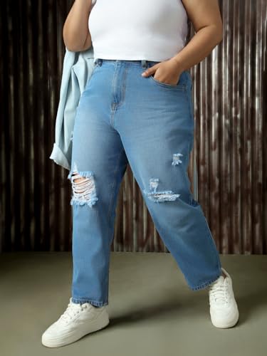 Image of High Star Plus Size Women Cotton Washed Mom Fit High-Rise Jeans