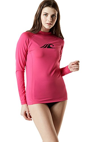TSLA Women's UPF 50+ Rash Guard Long Sleeve, UV/Sun Protection Swim Shirts, Water Beach Surf Swimsuit Top, Coastal Tide Print(fsr24) - Magenta, Large