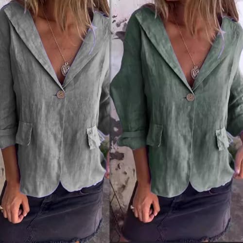 Cotton and Linen Casual Lapel Single-Button Thin Coat, Linen Blazer for Women Lightweight 3/4 Sleeve Summer Lapel Jacket4