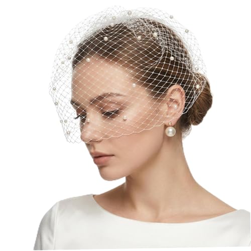 Velo de novia vintage tipo jaula con perlas para bodas civiles y fotografía de moda