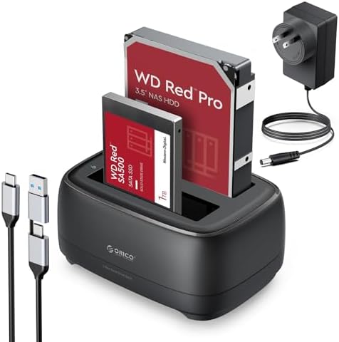 ORICO Hard Drive Docking Station USB 3.2 Gen 1 to SATA Hard Drive Enclosure Dual Bay for 2.5&3.5 Inch SSD HDD Up to 40 TB with 12V Power Supply, Tool-Free and UASP Supported (DD28C3)