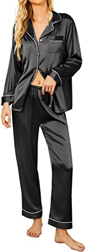 Ekouaer Sleepwear Set Women's Satin Pajamas Long Sleeve Sleep Shirt with Long Pants Soft Loungewear Pjs Set (Black,L)
