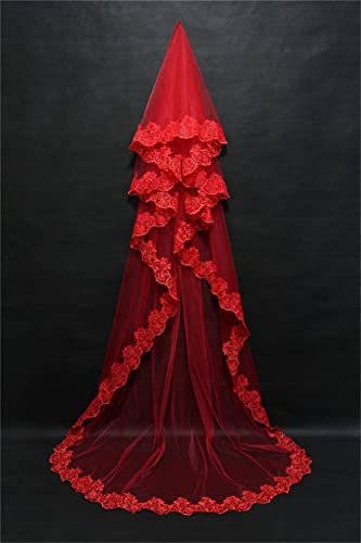 DIVAND Romantique Cathédrale Voile Mariée 3M Longue Queue Accessoires De Mariage Doux Tulle Robe Mariée Mode Élégant Fleur Dentelle Applique Bord Voile Mariage pour Halloween Cosplay Party,Rouge,3m