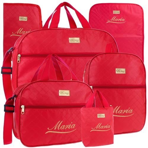 Kit Bolsas de Maternidade 6 Peças Personalizado com Nome - Versátil Moderno Menino/Menina (Vermelho)