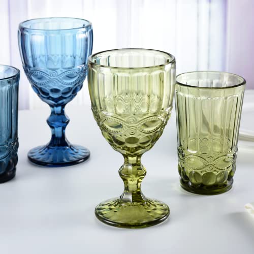 Wongblee Vintage Glass Goblets 10.8 Oz, Embossed Stemmed Glasses, Assorted Colored Drinking Glasses For Wine, Water, Juice, Beverage, Set Of 4 #TOP5