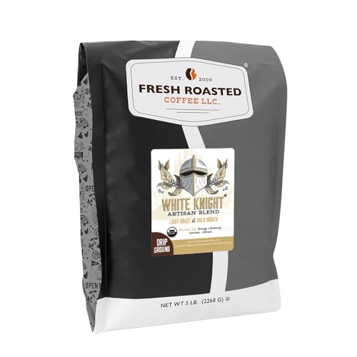 Fresh Roasted Coffee, Organic White Knight Drip Ground Coffee, Light Roast, USDA Organic, Kosher, 5 lb (80 oz)