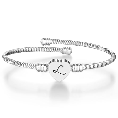 AOOSU Pulsera Mujer, Pulsera Plata Amor Corazón con Alfabeto L, Pulsera de Acero Inoxidable Ajustable con Círculo para Mujer Cumpleaños Navidad Día de San Valentín Madre Mama Amiga Novia