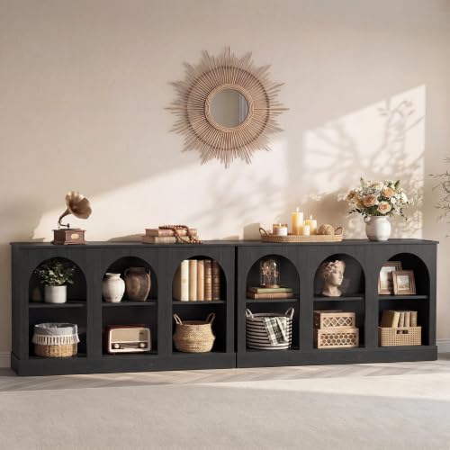 Image of Tribesigns Farmhouse Console Table Set of 2, Extra Long Entryway Table with 3 Tier Storage, Wooden Rectangular Sofa Table Behind The Couch for Entrance, Hallway, Living Room, Black