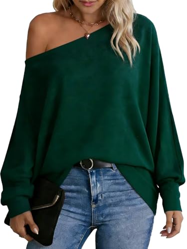 Dressmine Oversized T Shirts for Women Off Shoulder Dark Green Tops Casual Spring Winter Fashion Outfits Ladies Sweatshirt Size 18