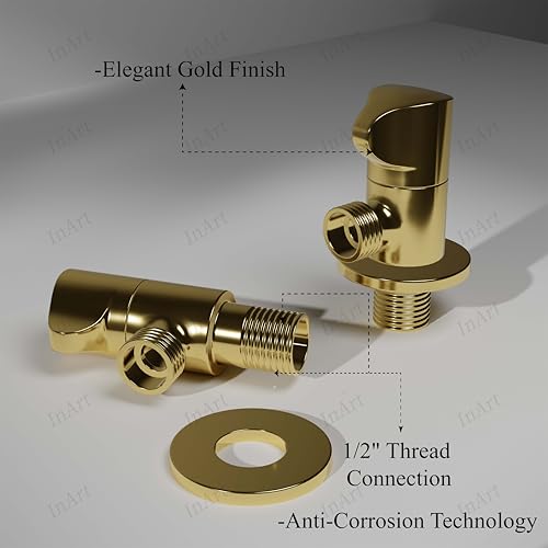 Image of InArt Heavy-Duty Brass Angle Valve for Bathroom & Kitchen | Leakproof 1-Way Angle Stop Cock with Wall Flange | Glossy Gold - 5 Year Warranty
