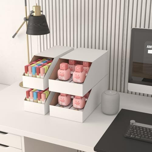 Image of EXYGLO Stackable Cardboard Storage Bins 30 Pack, 12x4x4.5 Inch Cardboard Boxes with Lid, Corrugated Organizer Bins for Pantry, Shelves, Garage, Office, Shop, White