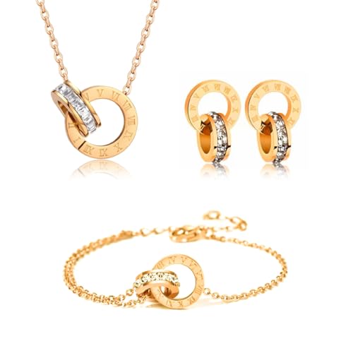 Gkaopi Parure Ensemble de Bijoux Femme Chiffres Romains Cercle Zircon Cubique Pendentif Acier Inoxydable Plaqué Or 18K Argent Réglable Boucles d'oreilles...