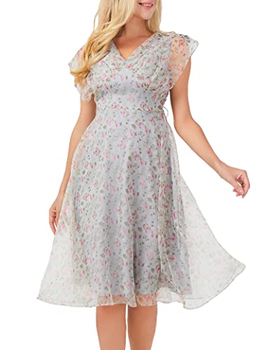 Sdeer Women's Summer V Neck Tulle Dress, Flutter Sleeve Ruffle Floral Print Formal Party Beach Midi Dresses(Grey,M) #TOP2