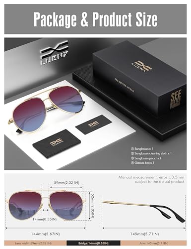 Image of LUENX Aviator Sunglasses for Women Polarized Mirror with Case - UV 400 Protection 60MM, Gradient Red and Blue Lens /Nonmirror, 60MM