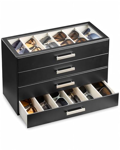 ProCase 24 Slots Sonnenbrillen Aufbewahrungsbox 4 Ebenen PU Leather Sonnenbrillenbox Sunglasses Organizer Box Brillen Aufbewahrung für mehrere Brillen -Schwarz