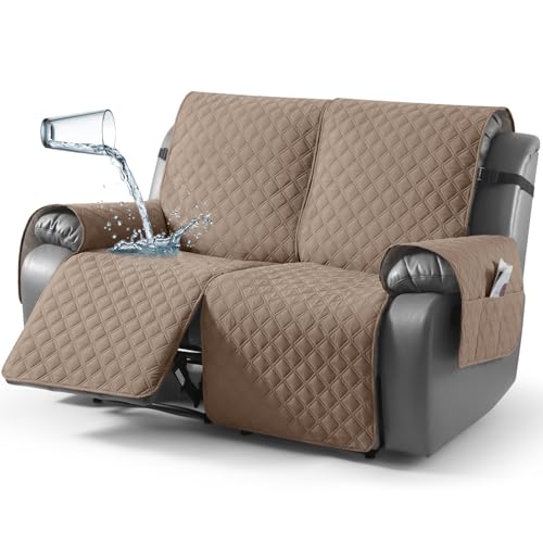 TAOCOCO 100% Waterproof Recliner Couch Covers, Recliner Sofa Covers with Leg Straps, 1-Piece Washable Reclining Sofa Cover with Pocket Couch Protector for Pets Kids(2 Seater, Khaki)