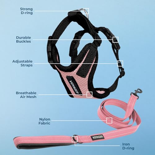 Image of Best Pet Supplies Voyager Step-in Lock Pet Harness w Reflective Pet Leash Combo Set with Neoprene Handle 5ft - Supports Small, Medium and Large Breed Puppies /Cats - Pink /Black Trim, L