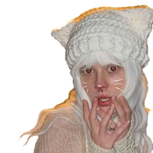 Cartoon Kitten Hat Girls Headgear for Outdoors Activities Skiing with Ears Crocheted for Skiing Camping White2