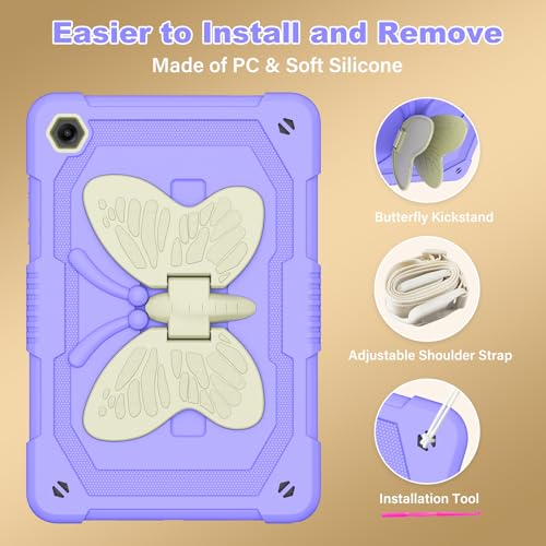 Image of Cover for Samsung Galaxy Tab A11+ Plus /A9+ Plus Case with Screen Protector, Galaxy Tab A11+ /A9+ 11 inch 2025 /2023 Released with Butterfly Stand Shoulder Strap Shockproof case for Kids Girl, Purple