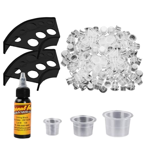 300 Piezas Tazas de Tinta de Tatuajes, Tapas de Pigmentos de Tatuajes en Plástico, Vasos de Tinta de Tatuajes de S/M/L, Tattoo Ink Cups con 2 Soportes de Pigmento + 1oz/30 ml de Tinta de Tatuaje Negra