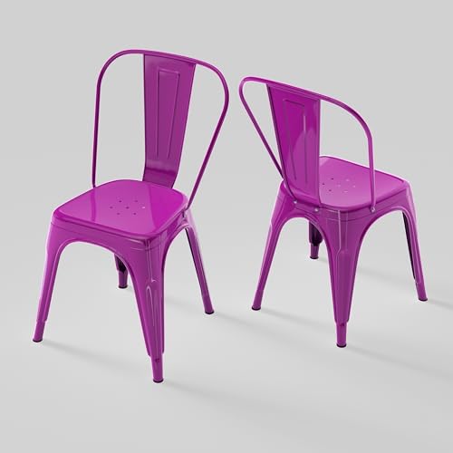 Image of Metal Dining Chairs with Backrest, Stackable, Purple, 2 Pack | Easy Assembly, Non-Slip Feet, 330 lb Capacity, Kitchen, Restaurant, Cafe, Pub, Covered Patio