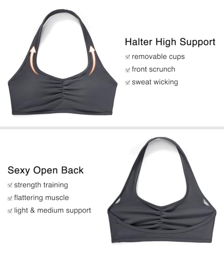 Image of OMKAGI Halter Sports Bras for Women Open Back Workout Bras Padded Yoga Bra Gym Tops
