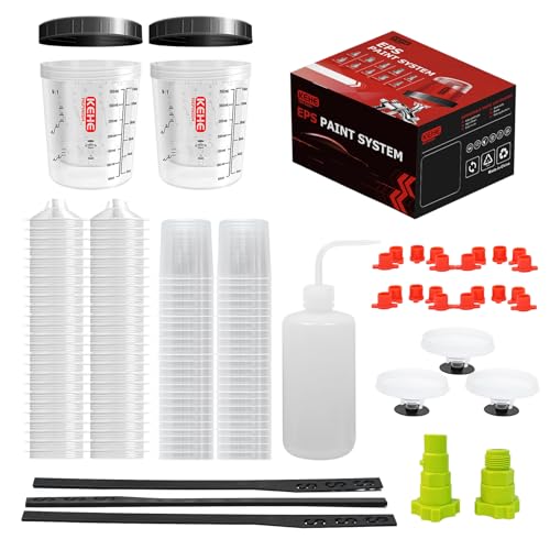 Disposable Paint Cups for Spray Gun Mixing Cups 12 Ounce (350ml) Kit with 50 Liners and Lids with Strainer System for HVLP&LVLP 2 Hard Cups with Retainer Ring 20 Plugs 3 Caps 2 Adapters 1 Wash Bottle