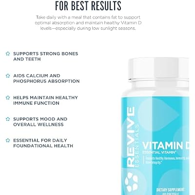 Revive MD Vitamin D3 Supplement 5000 IU High Potency Cholecalciferol for Immune Support, Calcium Absorption, Bone & Muscle Health Non-GMO Dietary Supplement, No Fillers (60 Softgels, 60 Servings)