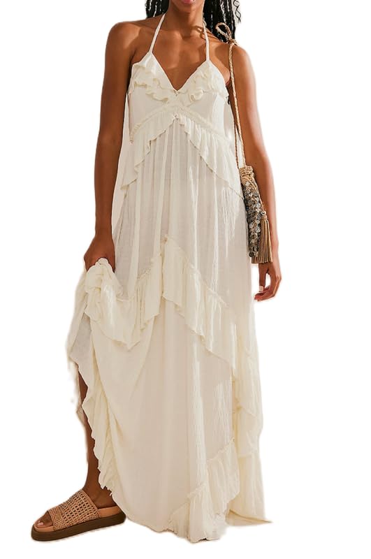 NUFIWI Sexy V Neck Backless Asymmetrical Ruffle Maxi Dress Halter Neck Sleeveless Long Dress Cutout Flowy Tiered Sundresses