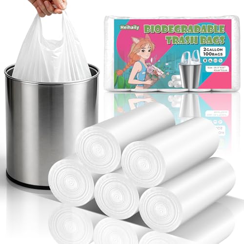2 Gallon Small Trash Bags with-Handles - Bathroom Mini Garbage Bag White Unscented 100 Count 7.5 Liter Biodegradable Tiny Wastebasket Liners Office Kitchen Car Heihaily
