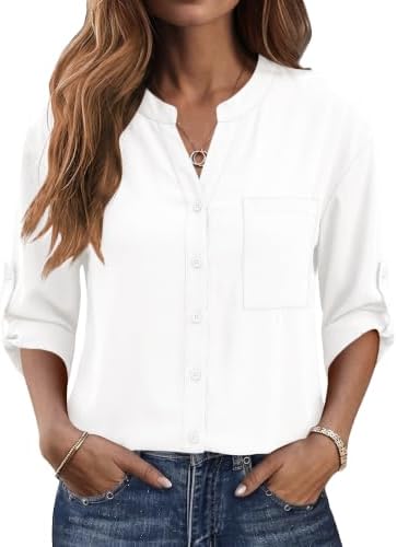 LOMON Women's Button Down Shirts 3/4 Length Sleeve Tops Casual Wo...