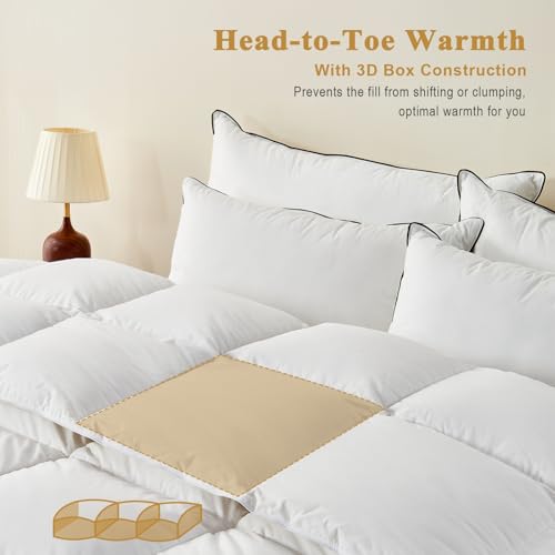 100% Organic Feather Down Comforter Full/Queen Size, Luxury Extra-Fluffy Duvet Insert, All Season Bed Comforter with Ultra-Soft Organic Cotton Case (90x90 Inch, Ivory White)