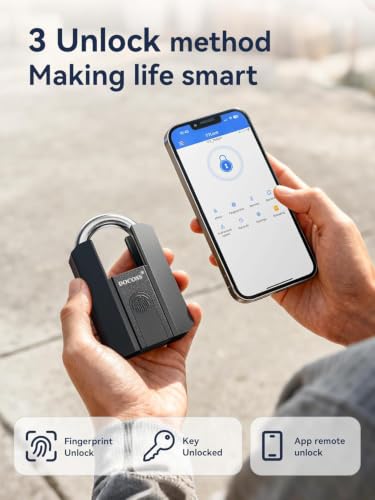 Image of DOCOSS Fingerprint Door Lock, Heavy-Duty Smart Padlock, Fingerprint Lock with 3-Way Unlock (Fingerprint /App /2 Keys),USB Rechargeable, Waterproof Lock for Suitcase,Home, Office, Gym Locker, Gate