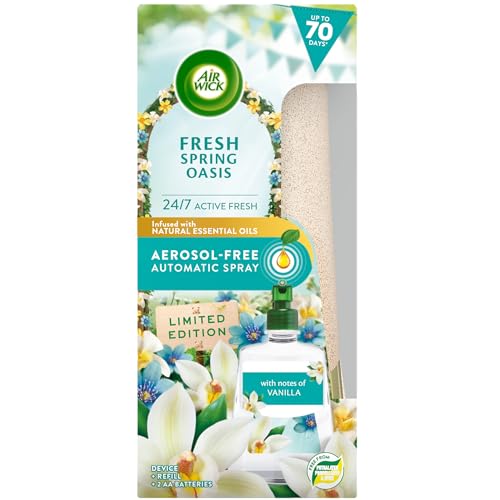 Air Wick Aerosol-Free Automatic Air Freshener Spray Kit, Fresh Spring Oasis, 1 Gadget & 1 Refill (228ml), 24x7 Active Fresh Odour Neutraliser, Lasts Up to 70 Days, Air freshener For Home