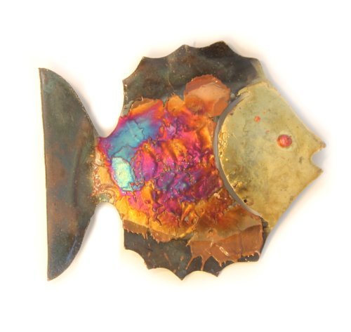 Fish multi-coloured recycled metal wall hanging piranha small 10 cm long- fair trade and hand made from copper and tin for Tumi in Mexico