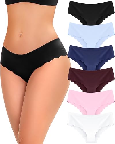Image of FINETOO 6 pack Seamless Underwear for Women Sexy Low Rise Hipster Wave Edge No Show Bikini Panties Womens Cheeky S-XL