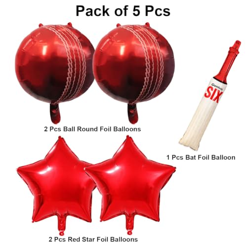 Image of Rozi Decoration Cricket Theme Foil Balloon Set Pack of 5 - Bat Shape Balloon, 2 Round Cricket Ball Balloons, 2 Star Foil Balloons for Birthday Decoration, Sports Theme Party Supplies