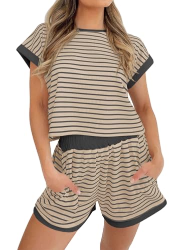 Image of Tankaneo Womens Summer 2 Piece Sets Striped Short Sleeve T Shirts and Shorts Loungewear Matching Set