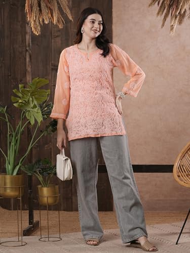Image of Ada Women's Georgette Regular Fit Chikankari Hand Embroidered Lucknow Short Kurti Top A911224