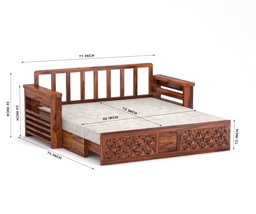 Image of Solid Wood Sofa Cum Bed for Living Room | Wooden Pull-Out Sofa Bed with Carved Front Design | Modern 3 Seater Convertible Diwan Bed for Home & Guest Room (Honey Finish)