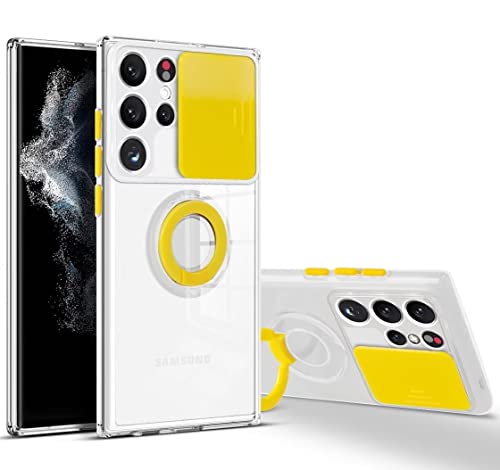 Didan Coulisse Caméra Coque pour Samsung Galaxy S23 Ultra Cover avec Support à Bague Lentille Coulissante Couverture Transparent Coloré Étui Silicone Antichoc Housse,Jaune