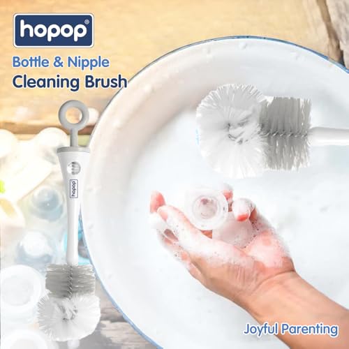 Image of Hopop Baby Feeding Bottle Cleaning Brush & Nipple Cleaner | 2 in 1 Flexible Bristle Bottle Brush| Grooved Handle with Easy Hanging Storage | Easy to Clean Narrow & Wide Neck Feeding Bottles |Grey